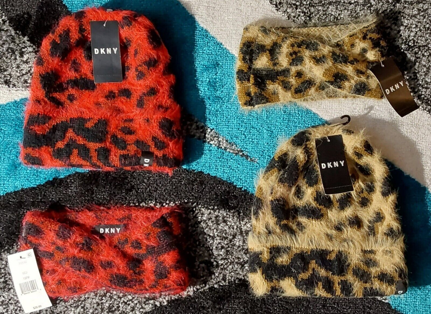 DKNY Fuzzy Leopard Animal Print Beanie & Front Twist Headband Lot Of 4 NWT