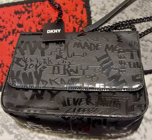 DKNY Sina MD Flap Shoulder Bag Crossbody Handbag Logo Graffiti Black NWT