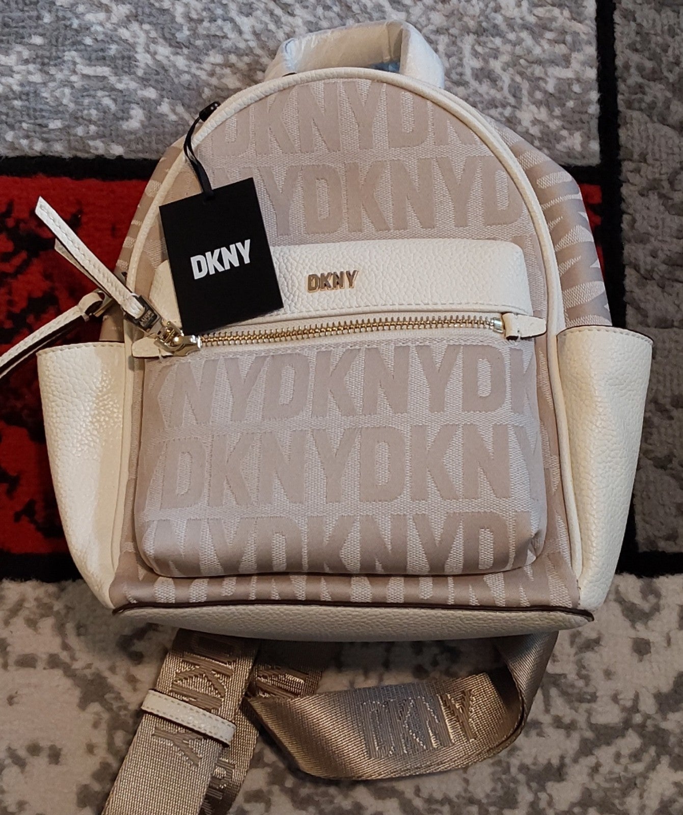 DKNY Zoie Mini Backpack Hemp/Coconut Monogram Print NWT 🔥🔥🔥