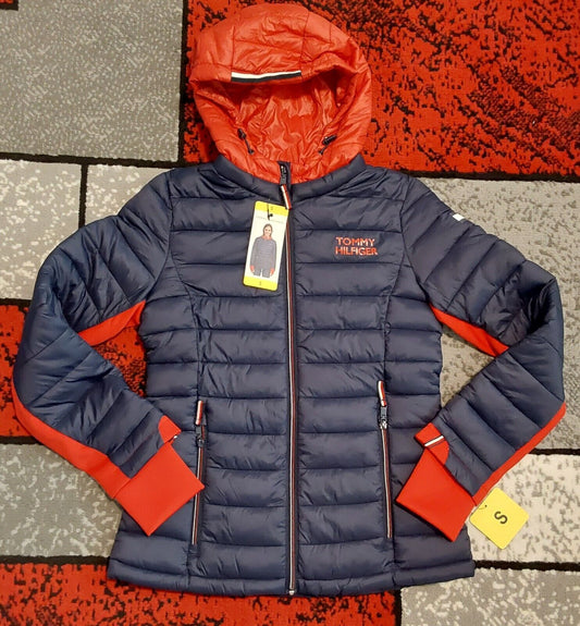 Tommy Hilfiger  Women Packable Hoody Puffer Jacket  Navy Crimson Small NWT