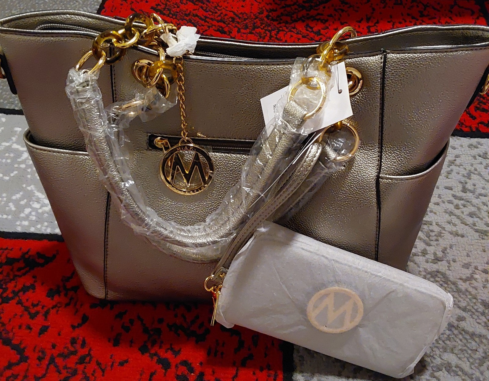 MFK Collection by Mia K Tote Bag & Wristlet Vegan Leather Pewter NWT 🔥🔥🔥