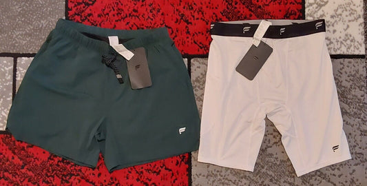 Fabletics Mens Baselayer & 5" One Short Lined Lot Of 2 Small Wht & Grn NWT