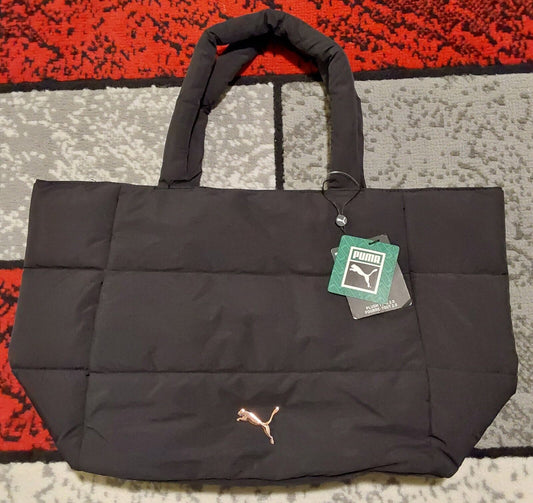 PUMA Plush Tote 2.0 Black Rose Gold Tone Emblem NWT