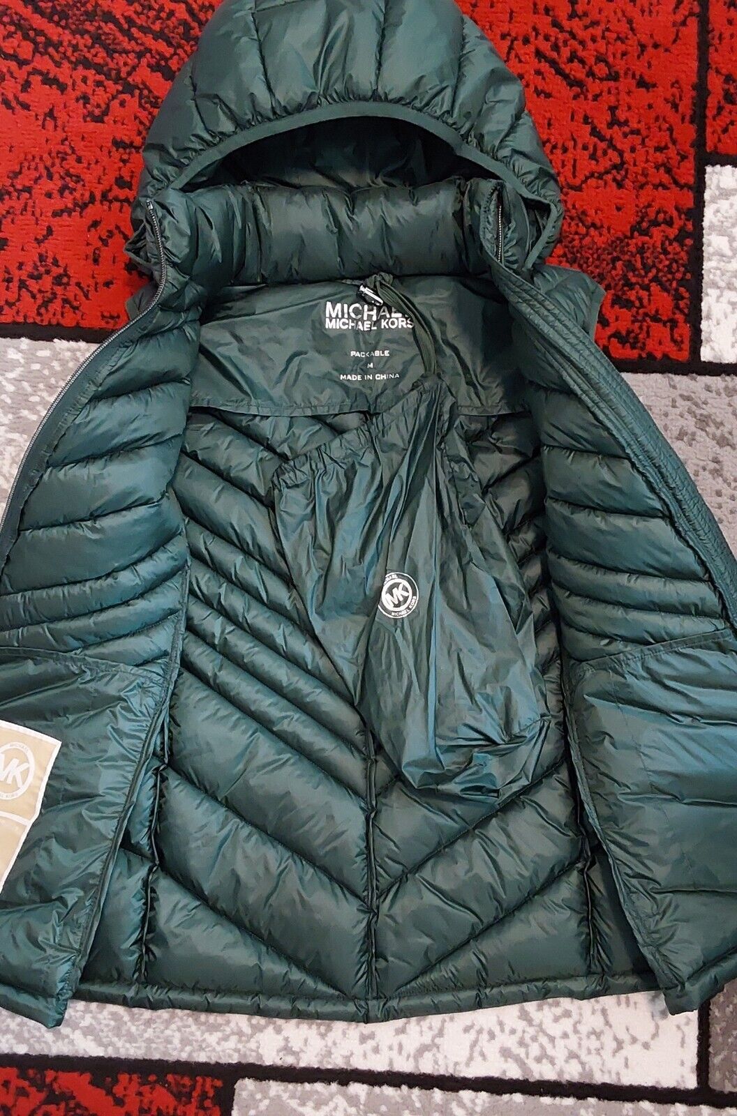 Michael Kors Packable Down Vest Removable Hood Forest Green Medium NWT