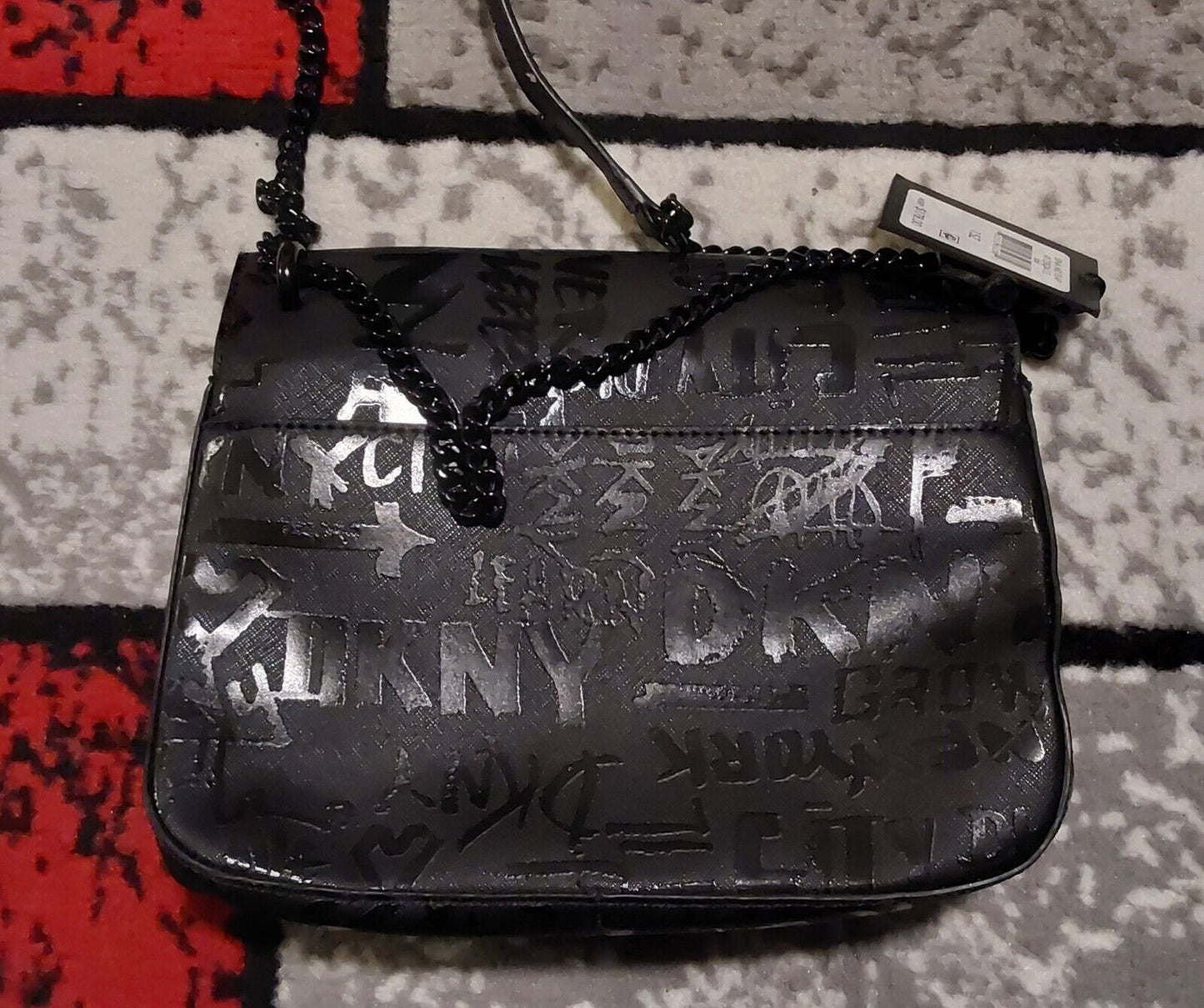 DKNY Sina MD Flap Shoulder Bag Crossbody Handbag Logo Graffiti Black NWT