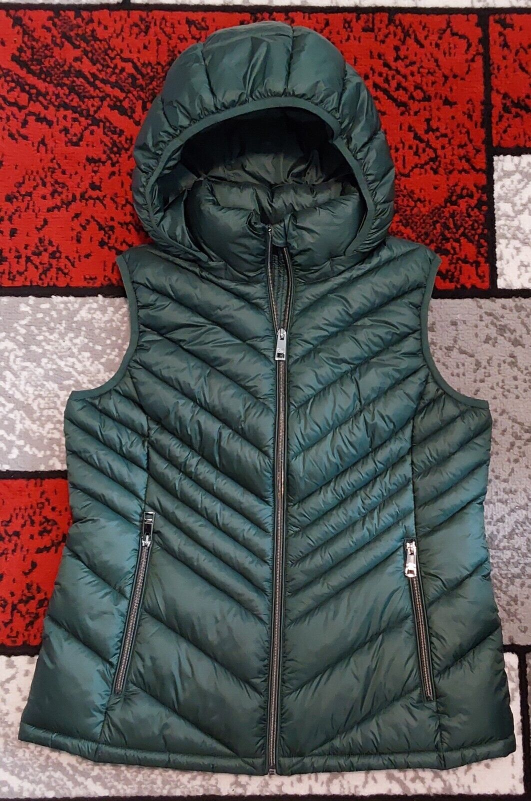 Michael Kors Packable Down Vest Removable Hood Forest Green Medium NWT