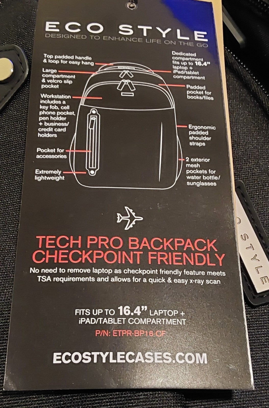 Eco Style Tech Pro 16.4" Laptop Backpack Checkpoint Friendly Black NWT🔥🔥🔥